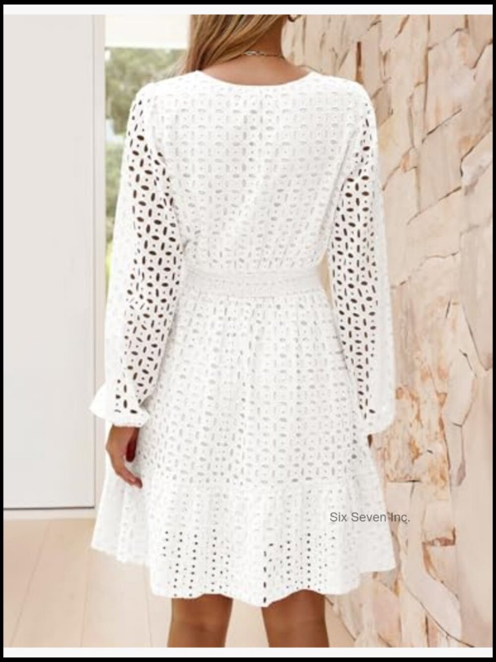 Women's Long Sleeve Mini Dress V Neck Hollow Out Eyelet Embroidery Ruffle A - Picture 4 of 7